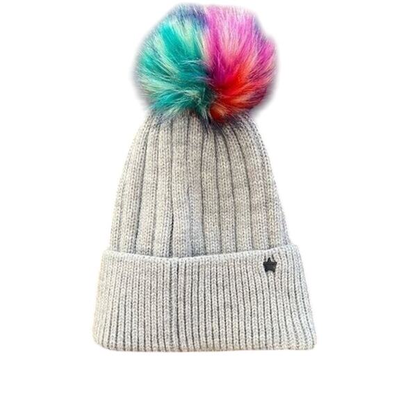 NWT Jocelyn Faux Fur Pom Multi-Color Rainbow “LOVE” Beanie - Picture 6 of 7